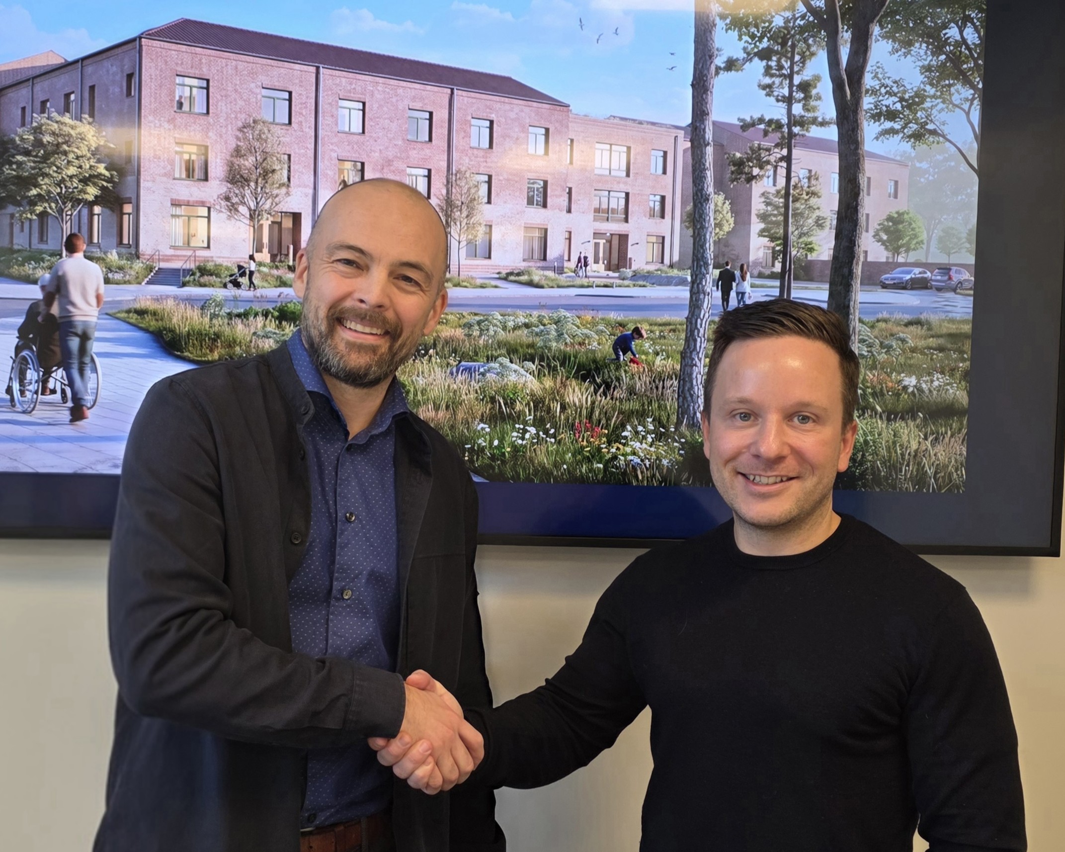 Tomas Björnrun Alsborger, Tyresö Bostäder, och Marcus Hallgren, Jiben AB, i samband med avtalsteckn