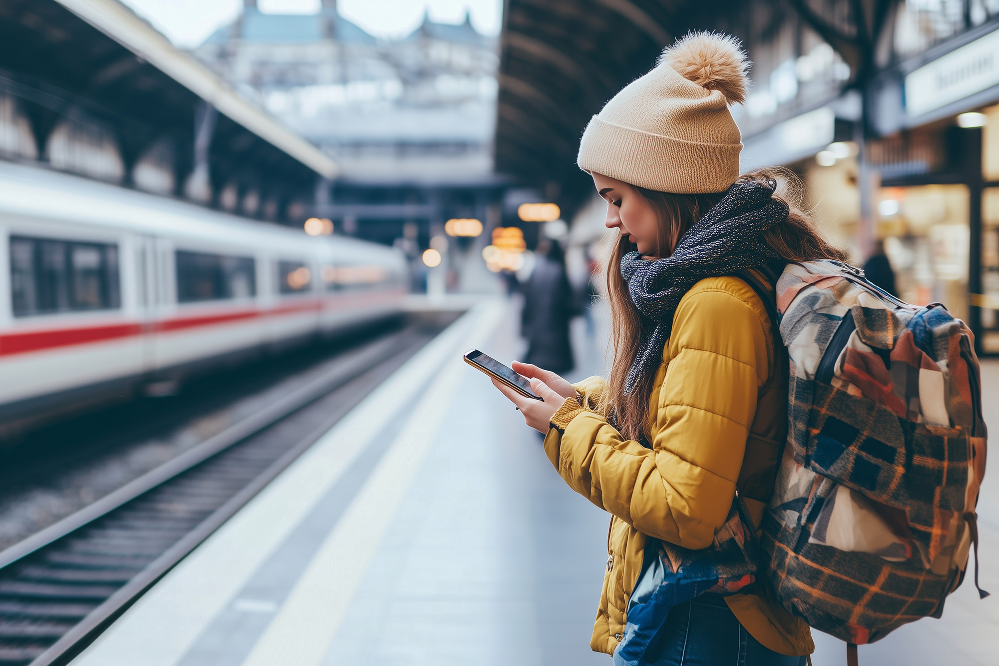 Kvinna som står och väntar på sitt tåg